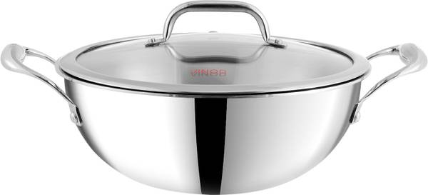 VINOD Platinum Triply Stainless Steel Extra Deep Kadai with Glass Lid Kadhai 24 cm diameter with Lid 3.3 L capacity