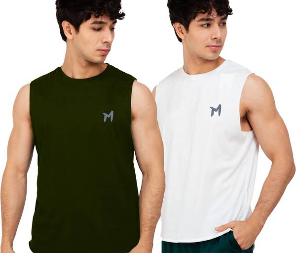 mebadass Solid Men Round Neck Dark Green, White T-Shirt