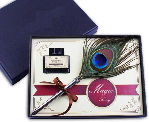 Kandle Steel Peacock Feather Quill Dip Pen Writing Ink Set Calligraphy ...