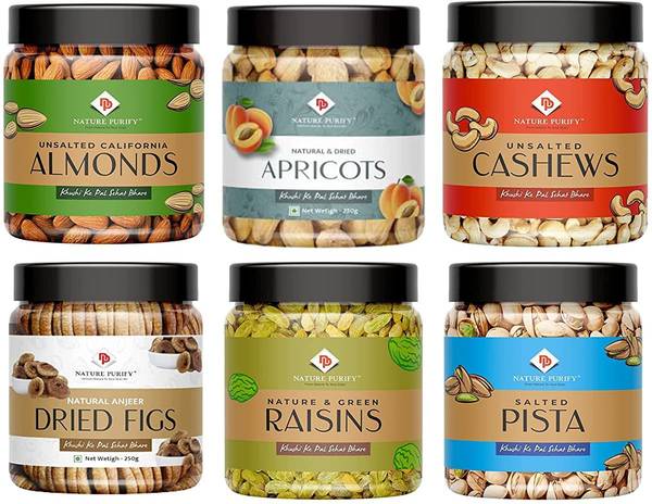 Nature Purify Dry Fruits Combo Pack 1.5kg (250g Each All Premium) Almonds, Cashews, Figs, Apricots, Raisins, Pistachios