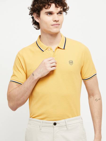 MAX Solid Men Polo Neck Yellow T-Shirt