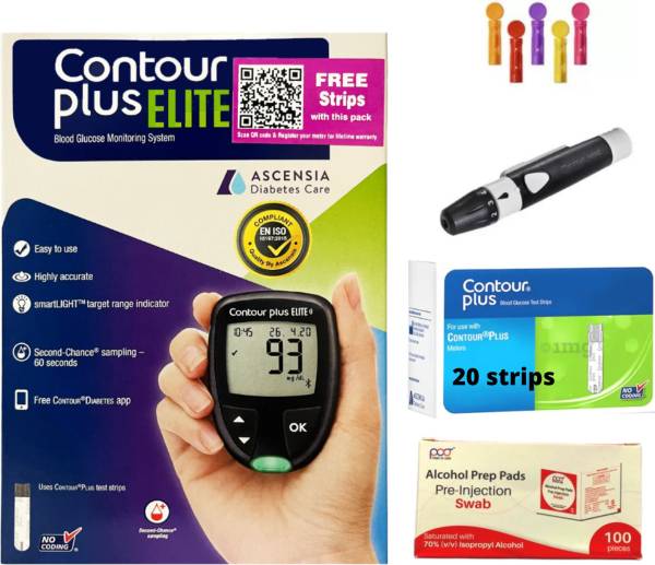 CONTOUR PLUS Elite| Highly accurate |Bluetooth connected |20 free strip |100 Swab box free Glucometer