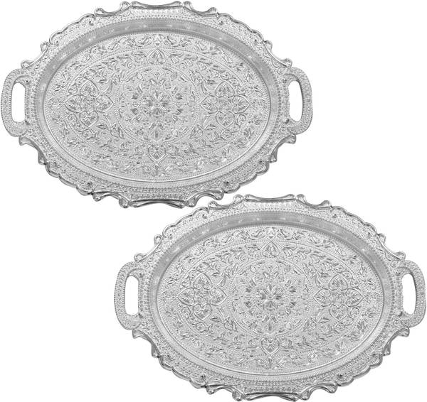KUBER INDUSTRIES Traditional Design Plastic Serving Tray- Pack of 2 (Silver) Tray