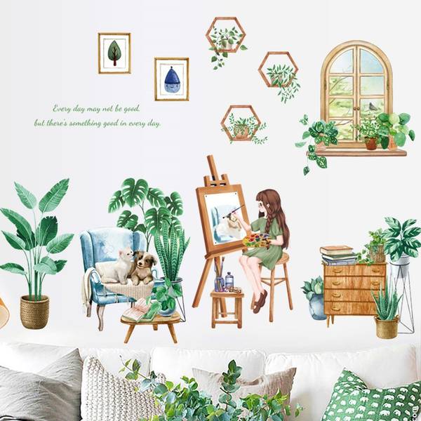 JAAMSO ROYALS 60 cm Green Living Room Plants Girls animalsWall Sticker Self Adhesive Sticker
