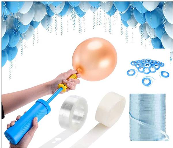 RJV Global Solid Balloon Decorating 1Tape Strip,1 Glue dot,1 Balloon Pump & 10 Sky blue Ribbon Balloon Bouquet