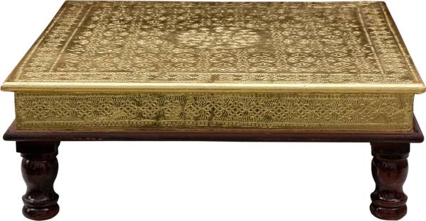 rajeshwarwood Wooden Square Pooja Chowki/Chowki for Home/Chowki Puja with Embossed Brass Art, Wooden, Brass All Purpose Chowki