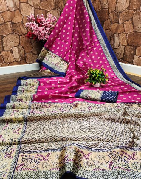 Siril Printed, Geometric Print, Floral Print Banarasi Cotton Silk Saree