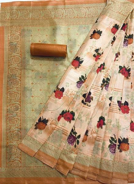 Kjs Floral Print Bollywood Cotton Blend Saree