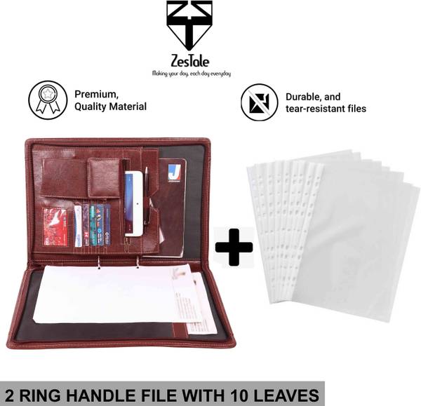 ZesTale Premium Leatherette 2- Ring Handle Document File Folder/ Certificate Holder(With 10 Leaves)