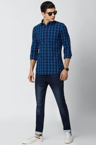 VAN HEUSEN Men Checkered Casual Blue Shirt