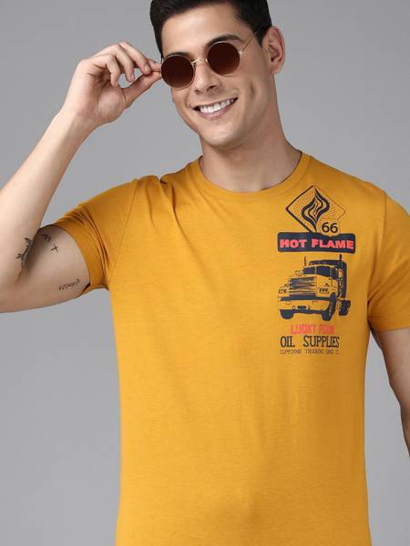 French Connection Printed Men Round Neck Yellow T-Shirt