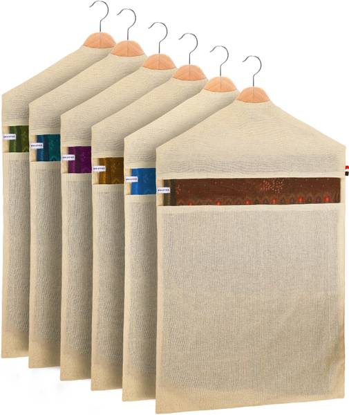 SOLSTICE Reusable Hanging Cotton Saree Covers (Set of 6) of 28 x 18 (Inches) for Clothes Storage, Wardrobe Organizer (Hangers are NOT Included) SHSC-6...
