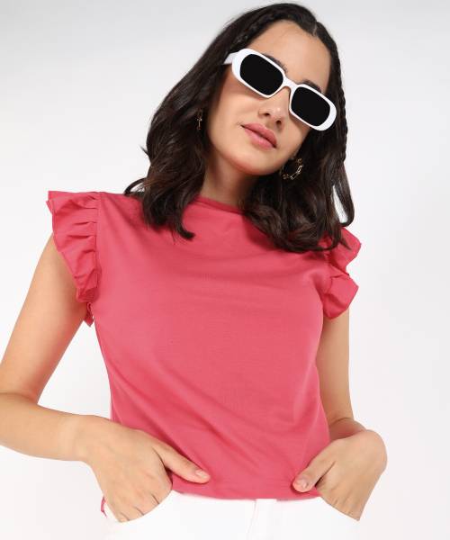 PROVOGUE Casual Short Sleeve Solid Women Pink Top