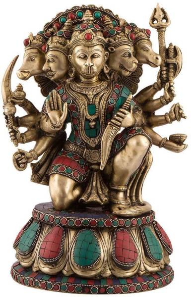 Collectible India Tall Unique Five Face Hanuman Idol - Inlay Work - Bajrang Bali Religious Deity Decorative Showpiece - 33 cm