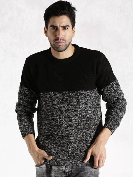 Roadster Self Design Round Neck Casual Men Black Sweater