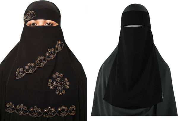 PD Zone (PACK 2) BLACK HIJAB + SAUDI NIQAB (WITH FLAP)& DIAMOND WORK NIQAB Chiffon Abaya