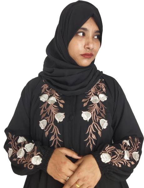 AL Hina Abaya Stylish Full Black Embroidery Work Burkha Muslim wear Silk Blend Self Design Abaya With Hijab