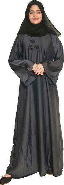 MODEST CITY Self Design Plain Grey Nida with Flower Abaya or Burqa With Hijab Art Silk Self Design Abaya With Hijab