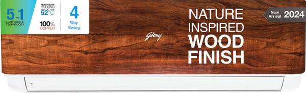 Godrej 5-In-1 Convertible 2024 Model Wood Finish 1.5 Ton 3 Star Split Inverter 4 Way Air Swing AC - Brown, White