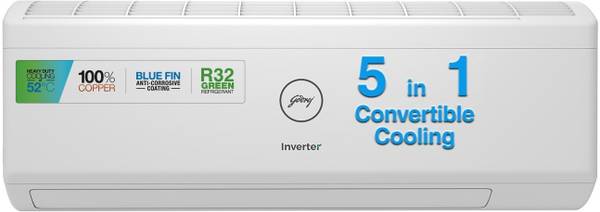 Godrej 5-in-1 Convertible Cooling 1 Ton 5 Star Split Inverter I-sense Technology with Blue Fin Anti Corrosive Coating AC - White