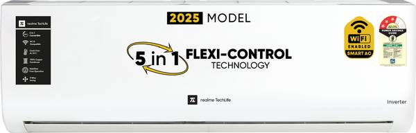realme TechLife 2025 1 Ton 3 Star Split Inverter 5-in-1 Convertible with Rapid Cool Technology AC with Wi-fi Connect - White