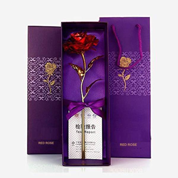 stark 24k Gold Plated Artificial Flora with Red Rose Anniversary Gift with Carry Bag Gold, Red Rose Artificial Flower