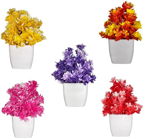 jini Set of 5 Flower with pot Indoor Decoration Artificial plants Multicolor Wild Flower Artificial Flower  with Pot