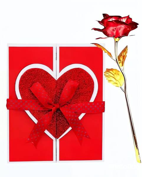 LoveGift Romantic I Love You Greeting Card with Red Glitter Heart Design & Ribbon Red Rose Artificial Flower