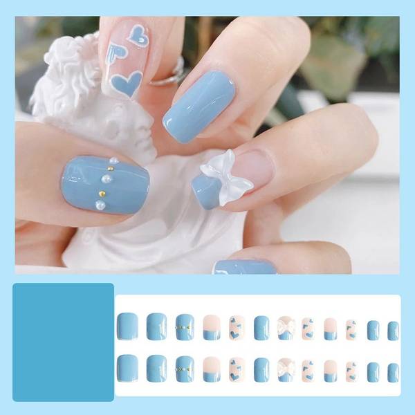 SECRET LIVES Designer artifical fake nails extension with glue sheet greyish blue color 3D bow with white & golden pearl