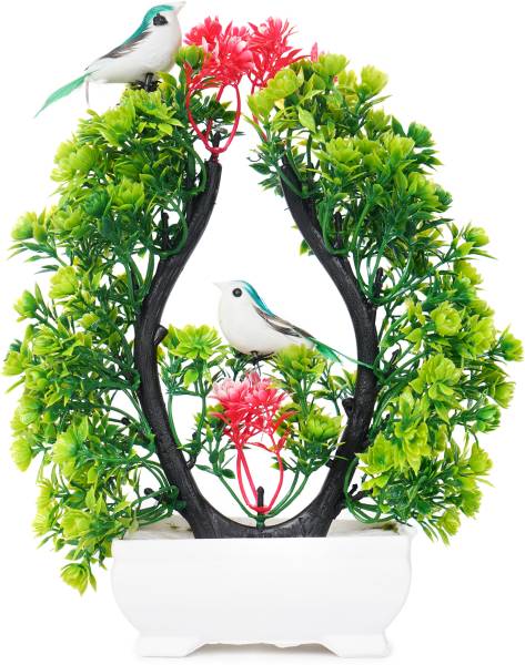 POKA Artificial green plant with sparrow for dinning table, bedroom etc. Bonsai Wild Artificial Plant with Pot