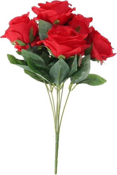 Dekorly Artificial Flowers Silk Flowers 7 Heads Rose Bouquet (PACK OF 1, Red) Bonsai Wild Artificial Plant