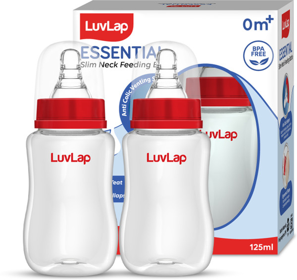 LuvLap Anti-Colic Slim/Regular Neck Essential Baby Feeding Bottle, BPA Free Pack of 2 - 125 ml