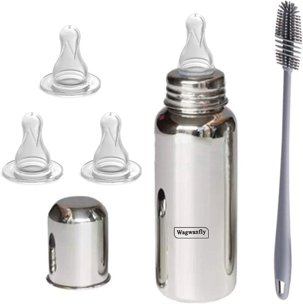 Wagwanfly Steel Baby Feeding Bottle with Cleaning Brushes 1 Nipple Free - 240 ml