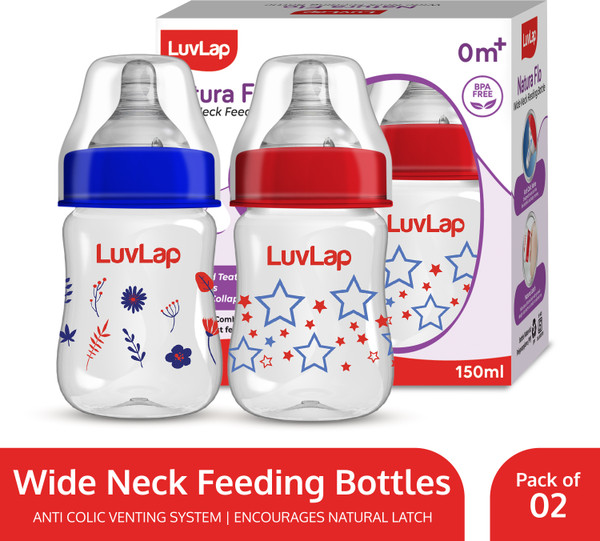 LuvLap Anti-Colic Wide Neck Natural Flow Baby Feeding Bottle, Floral BPA Free Pack of 2 - 150 ml