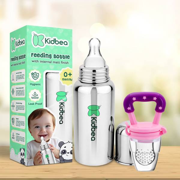 KIdbea Stainless Steel Infant Baby Feeding Bottle,Blue silicon Fruit Feeder BPA Free - 250 ml