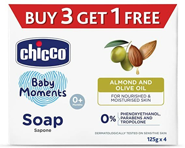 Chicco Baby Moments Soap with Natural Ingredients, Suitable for Baby’s Skin(125g 3 + 1)