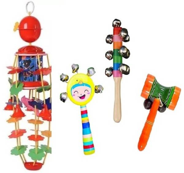 Rainbowstore Plastic Jhoomer Musical & Wooden Rattles Combo Pack for Newborns Rattle