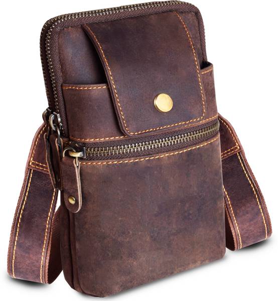 ABYS Genuine Tan Hunter Leather Unisex Sling Bag Shoulder Bag Passport Travel Pouch Multipurpose Bag