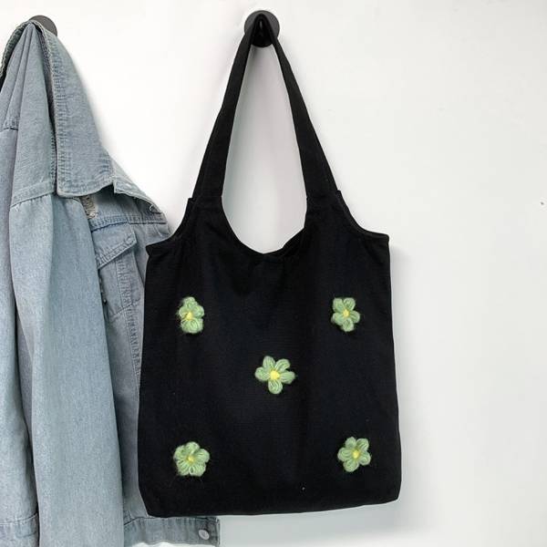 KILLFE Black Flower Dcor pattern canvas shopper bag Shoulder Bag