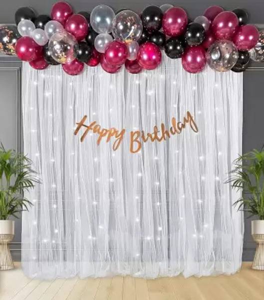 PARTY MIDLINKERZ Solid Burgandy Net Birthday Decoration kit set Combo with LED for Kids & Adults Balloon