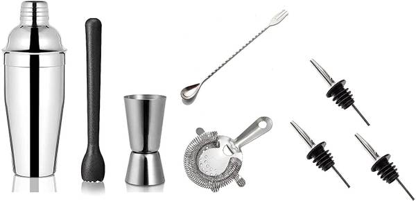 finality Cocktail Shaker 750ml,Peg Measure,Black Muddler,3 Wine Pourer,Bar Strainer&Spoon 8 - Piece Bar Set