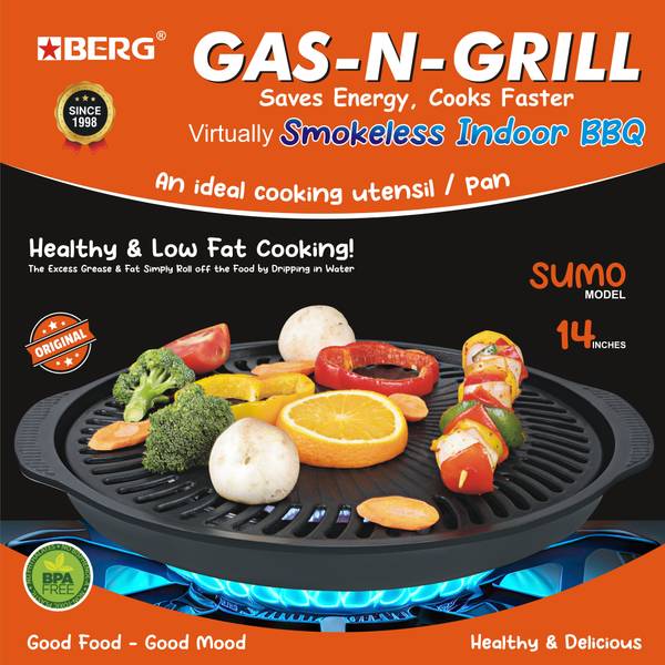 BERG Aluminum Non-Stick Smokeless Indoor Tandoor Cooktop BBQ, 14 inches Gas Grill