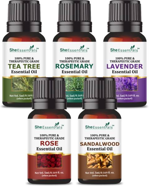She Essentials Combo Essentials Oil Rose| Rosemary| Lavender| Tea Tree| Sandalwood Pack of 5
