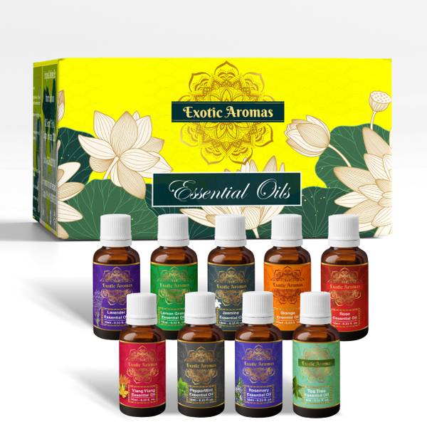 Exotic Aromas Essential Oil Pack of 9, Lavender, Rose, Tea Tree, Jasmine, Peppermint, Rosemary