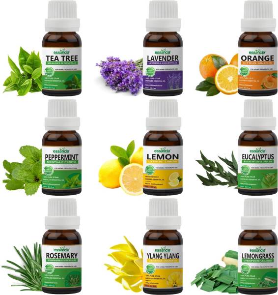 essancia Pack of 9 Essential Oils Tea Tree, Lavender, Orange, Lemon, Peppermint, Rosemary, Eucalyptus, Ylang Ylang, Lemongrass Essential Oils Combo, F...