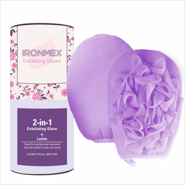 IRONMEX 2 in 1 Exfoliating Glove with Loofah For Body | Scrub Glove For Dead Skin