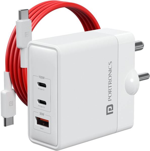 Portronics 100 W GaN 3 A 3 Port Tablet Charger with Detachable Cable