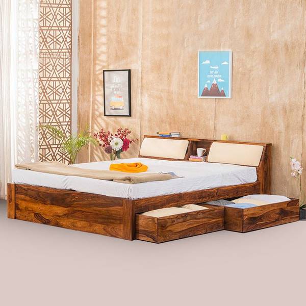 Devki Interiors King Size Bed with Storage Headboard & 2 Side Drawers - Double Wooden Bed Solid Wood King Box, Drawer Bed