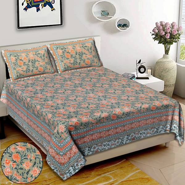 Jensid 220 TC Cotton Double Jaipuri Prints Flat Bedsheet