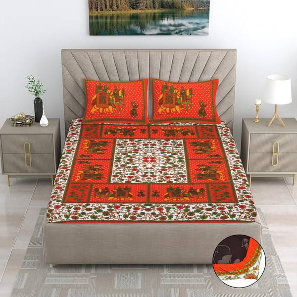 Flipkart SmartBuy 104 TC Cotton Double Jaipuri Prints Fitted (Elastic) Bedsheet
